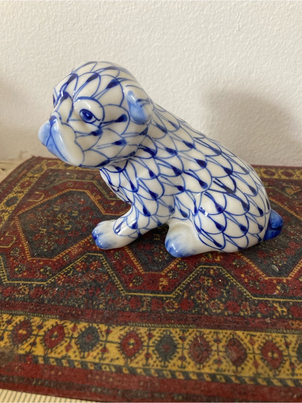 Andrea By Sadek Bulldog Blue and White Fish Net Ceramic Figurine